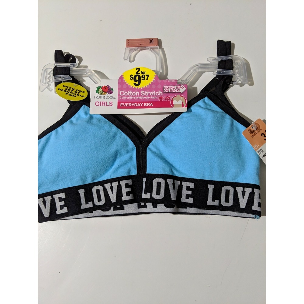 Fruit of the Loom Girls (set of 2)  everyday Bra size 30 (6-6X) Blue Black NEW